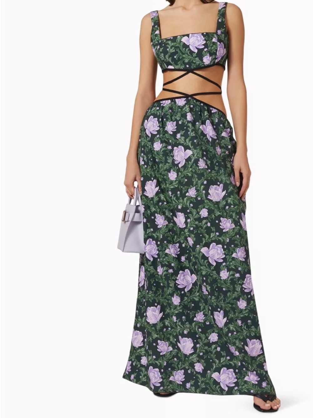AGUA BY AGUA BENDITA Green / Purple Floral Print PEONIA OCASO Maxi Dress Small S